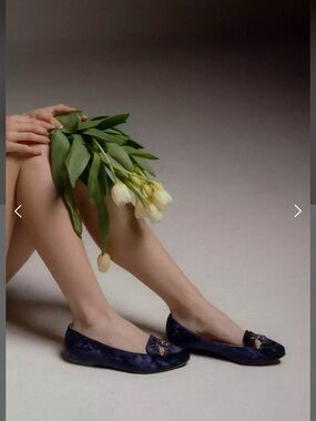 Pia Y Mila Blue Velvet Bee Embroidery Ballet Flats Whimsical Women’s 25.5 US 8.5